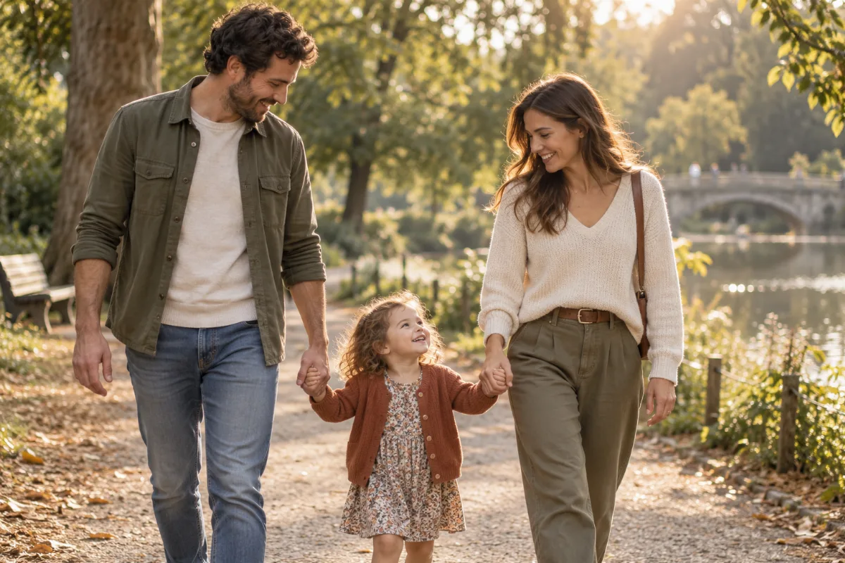 Des parents et leur enfant se promènent dans un parc